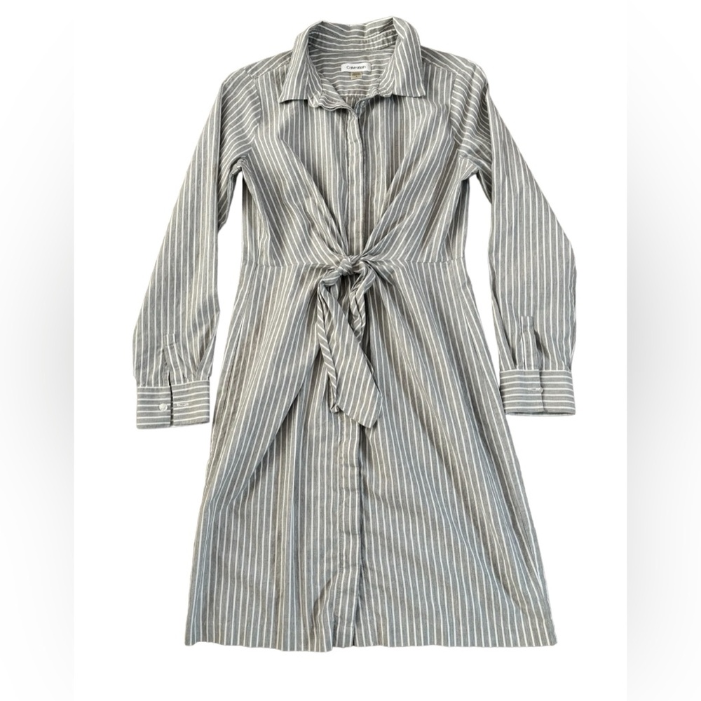 Calvin Klein Shirtdress Women Size 8 Gray/White Striped Long Sleeve Tie Front